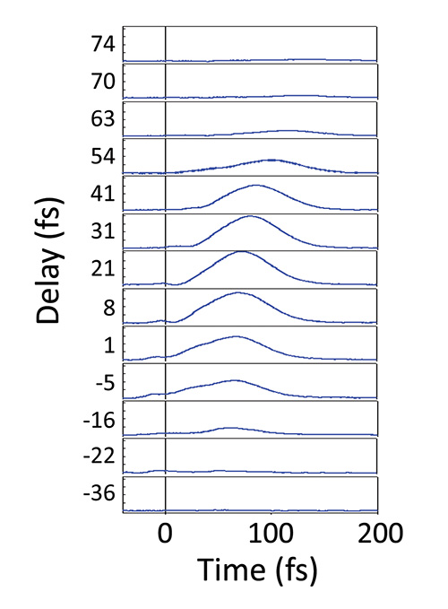 Transient absorption spectroscopy graph showing delay vs. time data, optical excitation measurement.