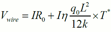 Voltage formula; V_wire=IR₀+Iη(q₀L²/12k)×T*; equation; electrical conductivity analysis.