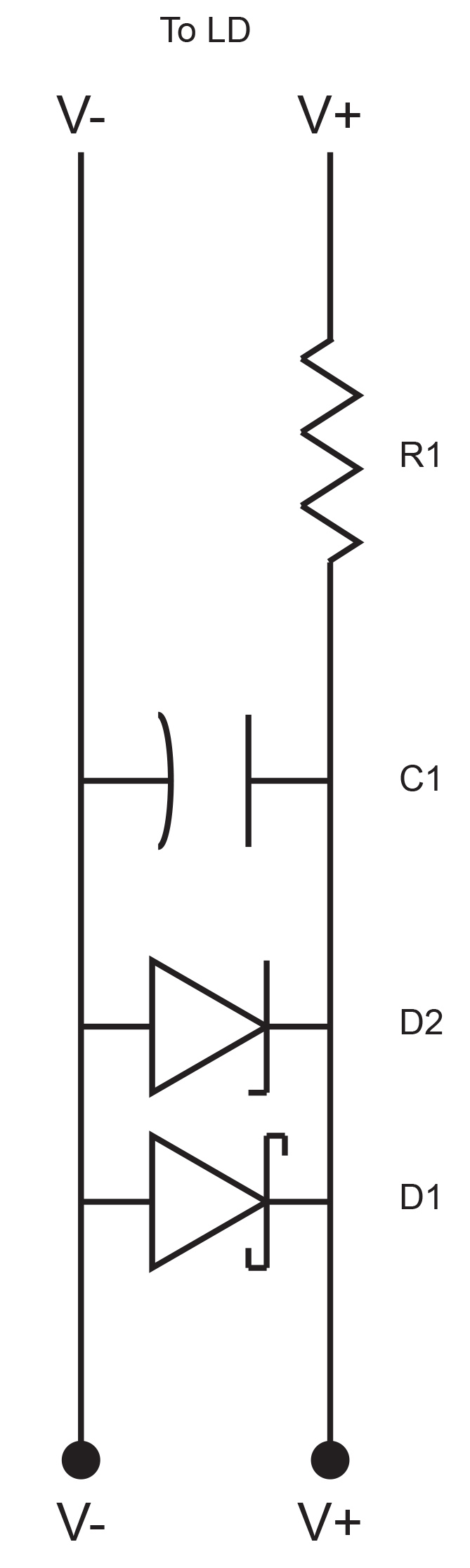 Laser diode protection circuit diagram with resistor R1, capacitor C1, and diodes D1, D2.