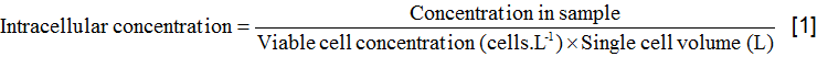 Intracellular concentration formula; concentration in sample over viable cell concentration, volume.