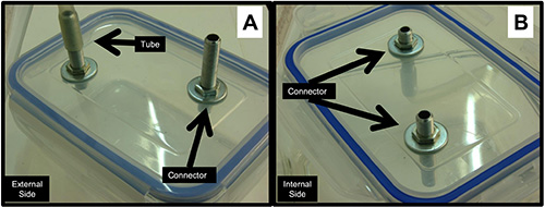 dual-chamber system; fluid connector and tube setup; schematic; external and internal views