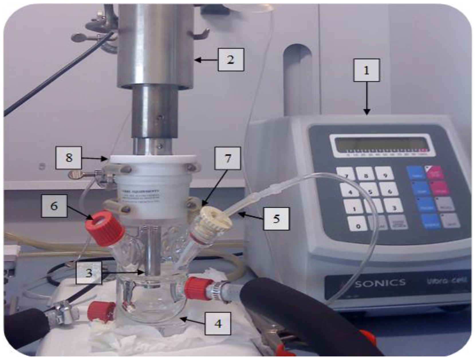 Ultrasonic reactor setup for polymerization; processor, sonotrode, reaction vessel, tubing setup.