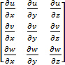 Partial derivative matrix showing fluid dynamics equations, diagram detailing spatial variable changes.