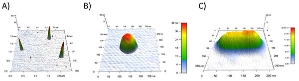 3D surface plots; analysis of nanostructures' morphology; diagrams show height distribution.