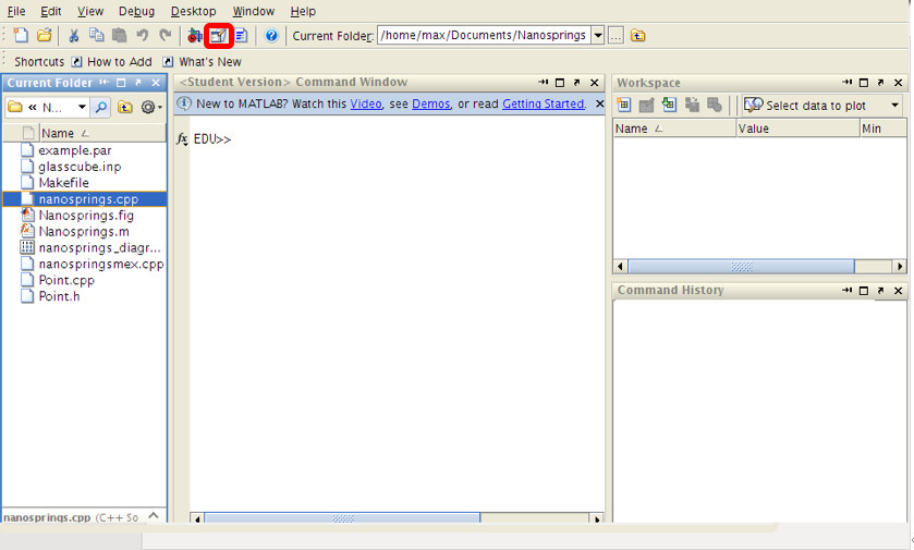 MATLAB workspace interface; code file management and analysis setup; instructive for programming.