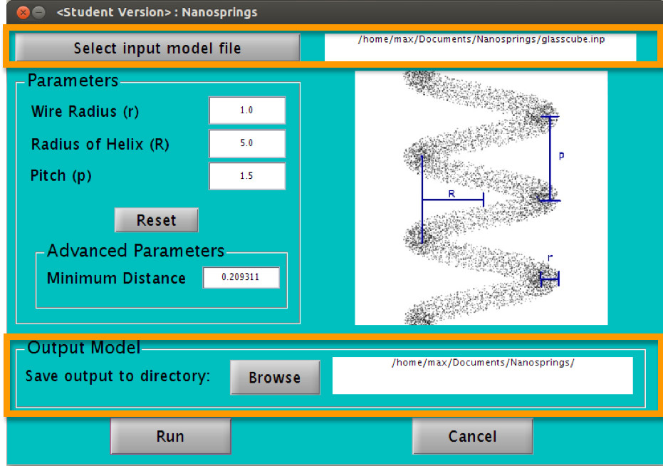 Nanosprings simulation software interface; parameters: wire radius, helix radius, pitch diagram.
