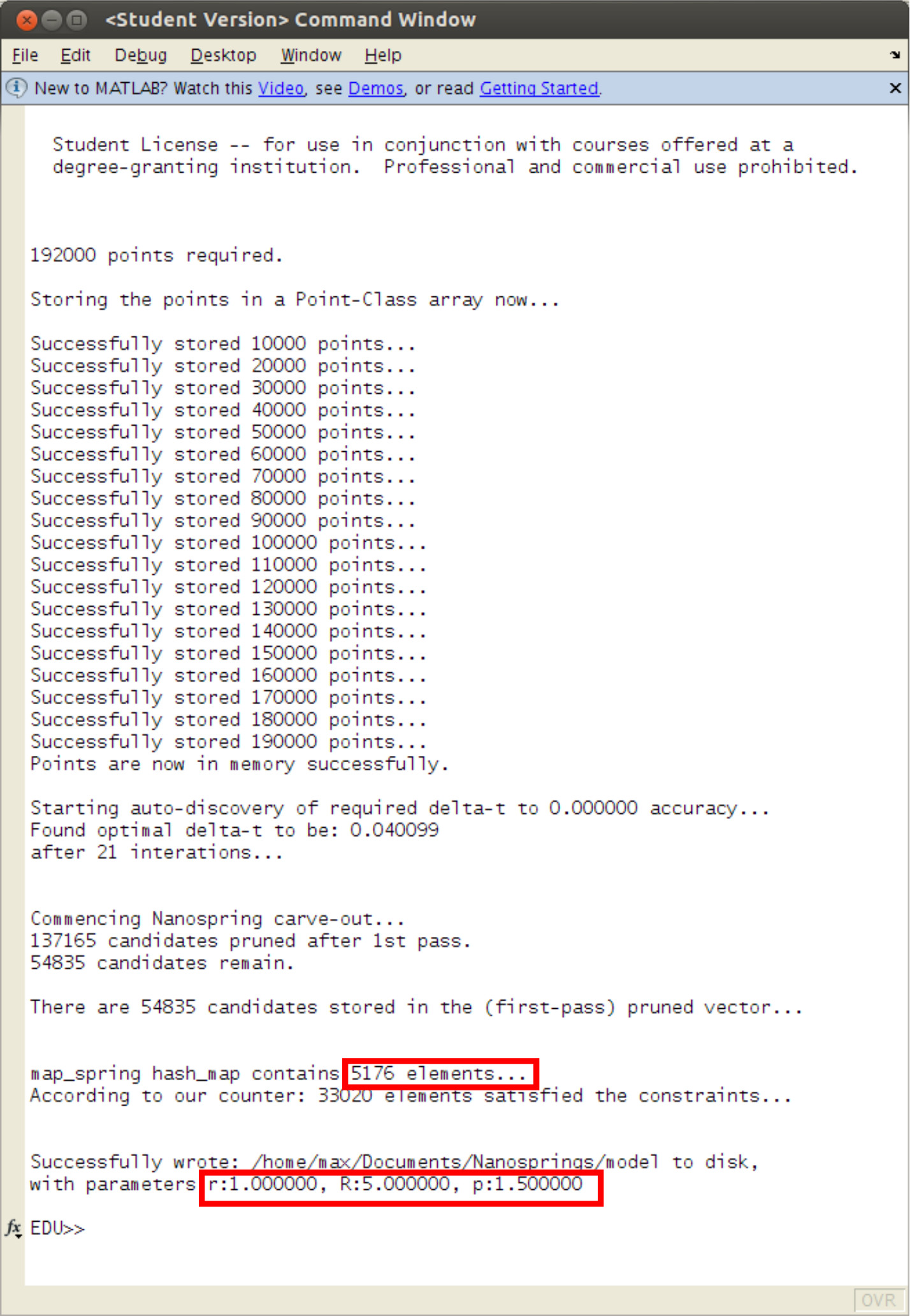 MATLAB data processing log, nanospring simulation parameters, computation results, command window.