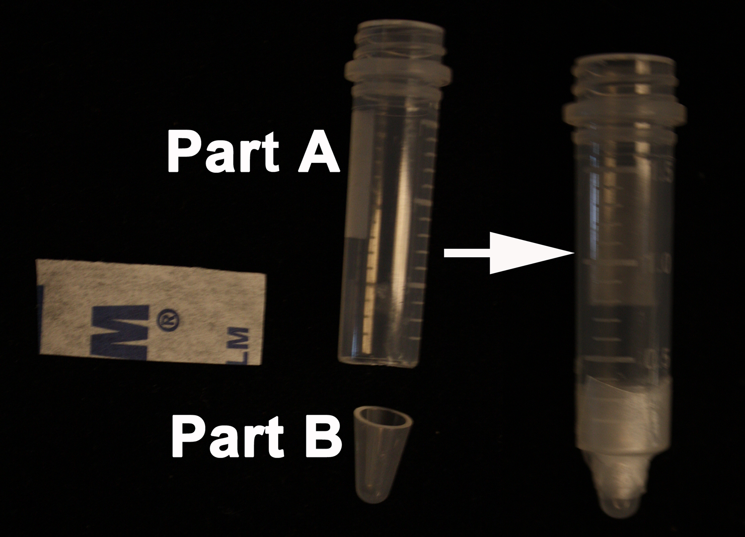 figure-results-1 Laboratory tube assembly diagram displaying Part A and Part B integration for sample preparation.