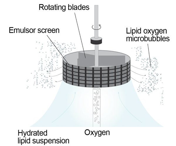 figure-results-2 Lipid oxygenation process; diagram shows rotating blades, emulso screen, lipid oxygen microbubbles.