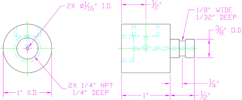 figure-results-2 Technical diagram of mechanical part dimensions; 2x 1/4" NPT, 1/4" deep, engineering design.