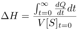Thermodynamics equation ΔH=∫(dQ/dt)dt/(V[S]) for reaction enthalpy, mathematical formula.