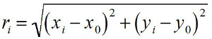 Distance formula, \( r_i = \sqrt{(x_i-x_0)^2 + (y_i-y_0)^2} \), equation mathematical concept.