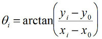Angle calculation formula θ=arctan((y_i-y_0)/(x_i-x_0)), mathematical equation.