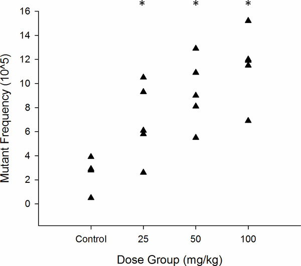 Mutant frequency vs dose graph showing dose-dependent increase in mutant frequency.