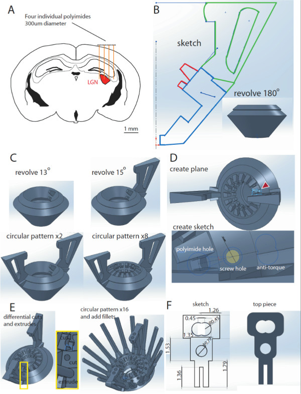 figure-results-1 Brain implant design steps; involves polyimide integration, sketches, and 3D revolved models.