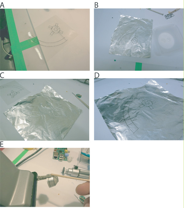 figure-results-4 Photolithography process diagram on foil, illustrating microcircuit patterning and setup stages.
