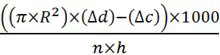 Formula for calculating volume; equation shows: ((π×R²)×(Δd)−(Δc))×1000/n×h; educational use.