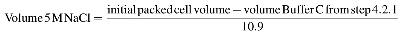 Volume calculation formula for 5M NaCl in solution preparation process, featuring cell volume adjustment.