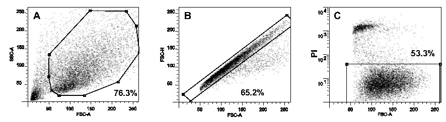 Flow cytometry scatter plots with gated cell populations; FSC-A vs. SSC-A, FSC-H, PI.