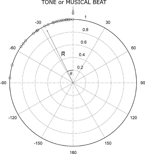 Polar plot diagram, musical beat analysis, with angle θ, radius R̅, amplitude measurement.