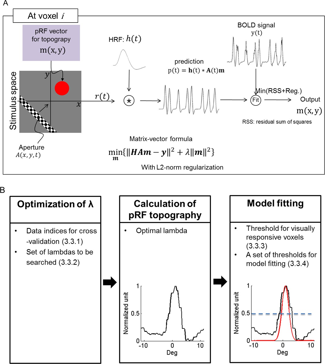 pRF topography process; matrix-vector formula, λ optimization, model fitting diagram.