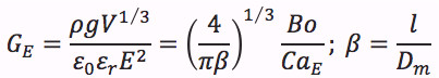 Electrostatic force equilibrium formula; includes parameters for volume, density, and permittivity.