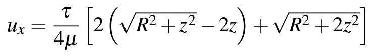 Fluid dynamics equation; \( u_x = \frac{\tau}{4\mu} \) expression, viscosity and shear stress relationship.