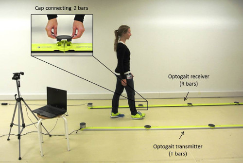 Optogait system setup for gait analysis with receiver and transmitter bars, laptop, and motion capture.