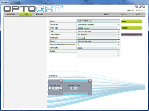 OptoGait software interface for gait test setup; parameters for testing user foot placement.