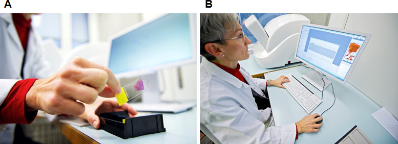 figure-results-3 Spectroscopy setup with slide preparation and data analysis on computer; optical study process.