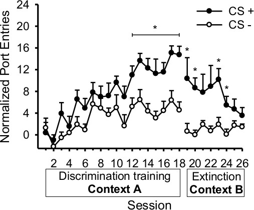 figure-results-3 Discrimination training graph; normalized port entries; CS+ CS-; context, session analysis.