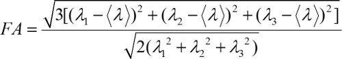 Fractional anisotropy formula; mathematical equation for diffusion tensor imaging analysis.