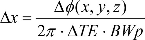 Φ equation for phase shift calculation; displayed as formula relevant in magnetic resonance studies.