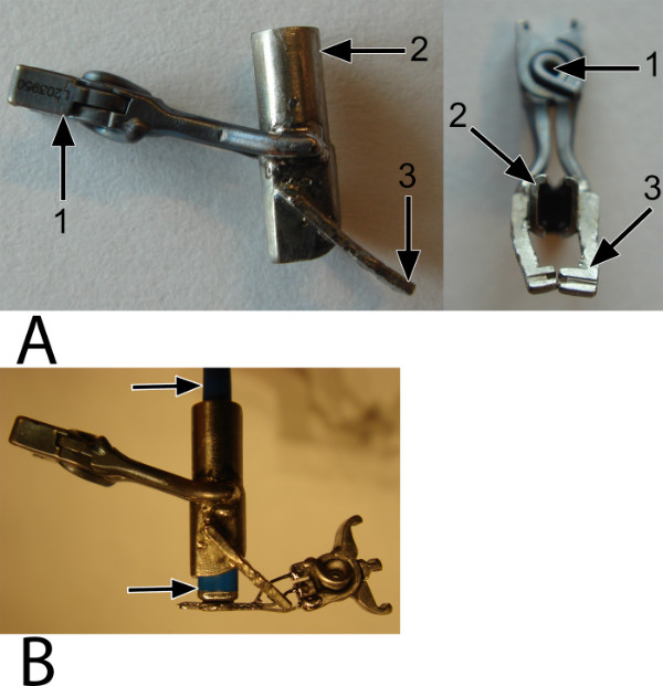 figure-results-3 Clip mechanism diagram showing components 1, 2, 3 for securing connections; mechanical study.
