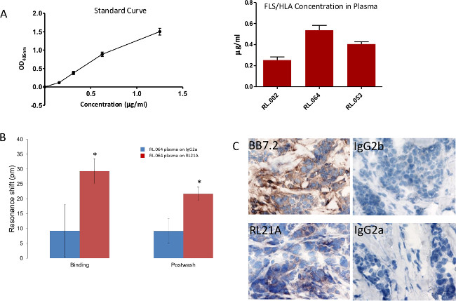 figure-results-8 Standard curve and concentration charts with plasma binding resonance shift and immunostaining results.
