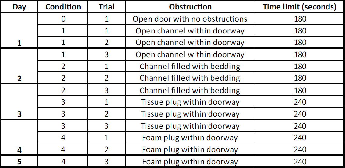 Trial conditions table detailing obstruction and time limits per day.