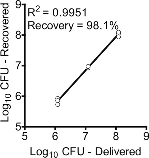 Graph of CFU delivery vs. recovery; R²=0.9951; Recovery=98.1%; Linear correlation analysis results.