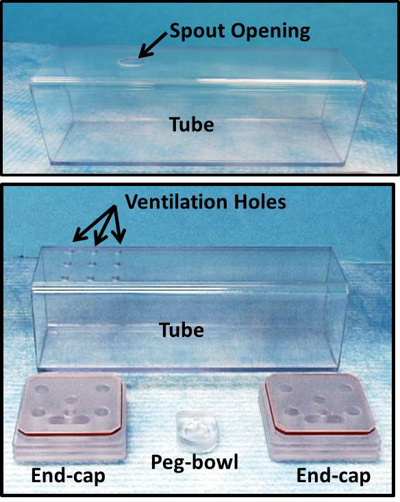 figure-protocol-1 Cylindrical tube assembly diagram with spout opening, ventilation holes, and detachable end-caps.