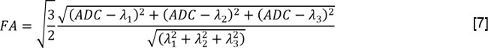 Fractional Anisotropy (FA) formula, MRI diffusion tensor imaging analysis, mathematical equation.