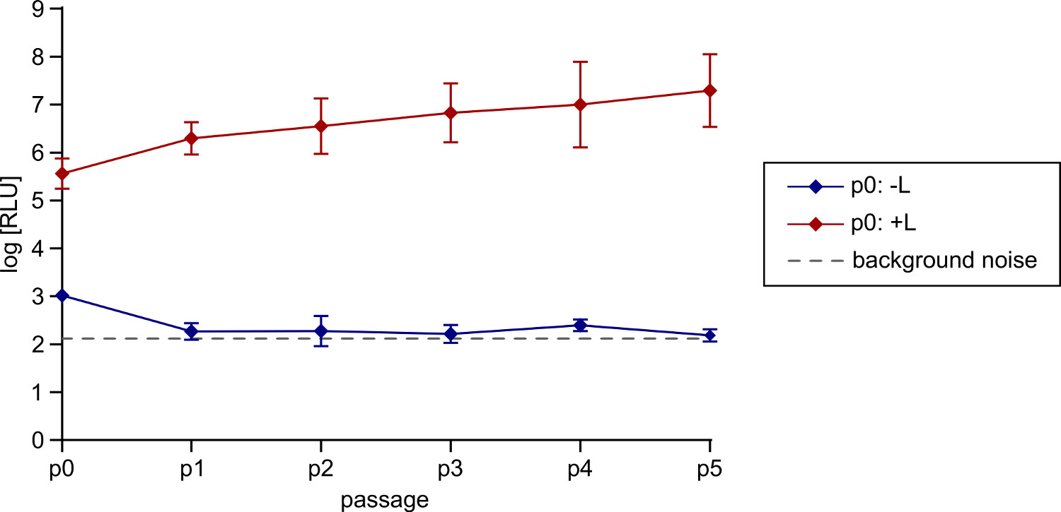 figure-results-6 Graph showing log RLU vs. passage; error bars comparing p0 with and without L; trend analysis.