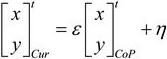 Static equilibrium equation, [x y] transformation, diagram with variables and symbols.