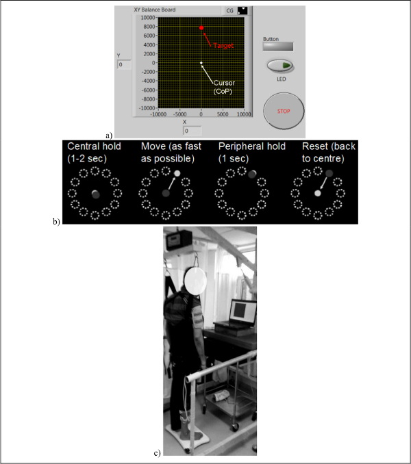 Static equilibrium experiment; balance board tracking graph, movement sequence, rehabilitation setup.