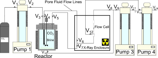 figure-results-3 Static equilibrium setup with CO2 reactor, brine, flow cell, and X-ray enclosure diagram.