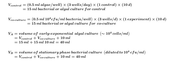 figure-protocol-13 Algal-bacterial co-culture volume calculation, control, and experiment equations in scientific research.