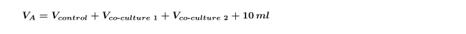 figure-protocol-5 Equation for total volume in co-culture experiment, V_A=V_control+V_co-culture1+V_co-culture2+10ml.