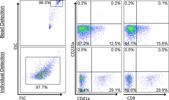 Flow cytometry analysis; bead detection, FSC vs SSC, CD235a, CD41a, CD9 markers; experiment results.
