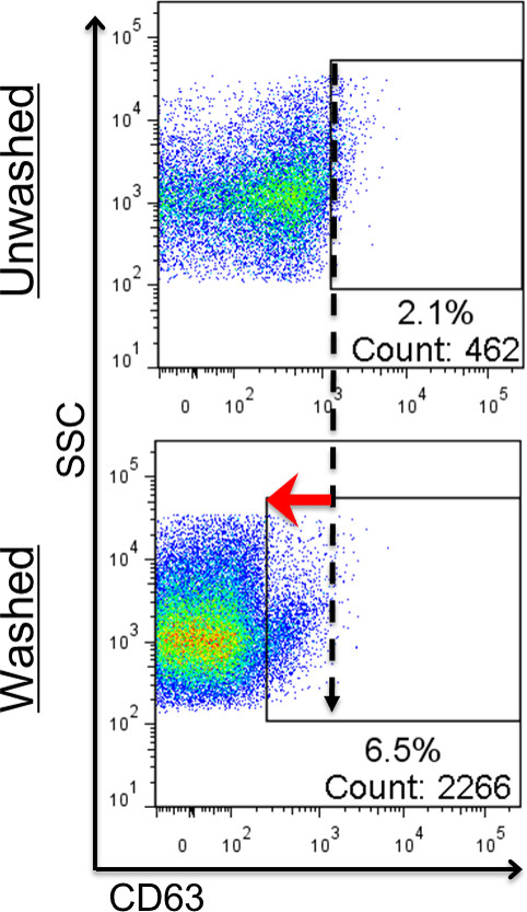 Flow cytometry dot plot comparing washed and unwashed cell samples with CD63 expression analysis.