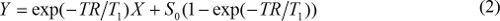Y = exp(-TR/T1)X + S0(1-exp(-TR/T1)); MRI signal equation; mathematical expression