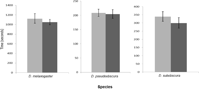 Bar chart comparing time in seconds across D. melanogaster, D. pseudoobscura, D. subobscura species.