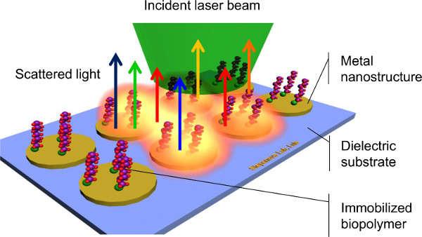 Diagramma di rilevamento plasmonico; nanostruttura metallica su substrato; raggio laser; Rilevamento della luce diffusa.